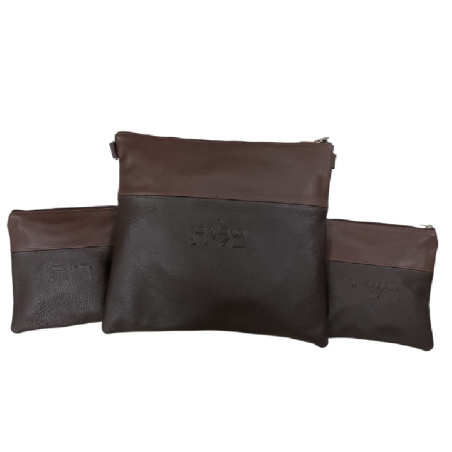 Talit and 2 tfilin bag strap leather brown