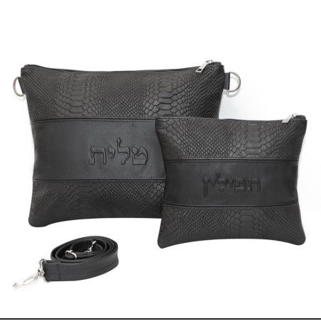 Pochettes talit et Tef en croco noir avec lanière