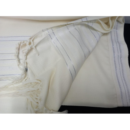 טלית גדול כרמל לבן עם פס כסף