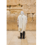 טלית גדול כרמל לבן עם פס כסף