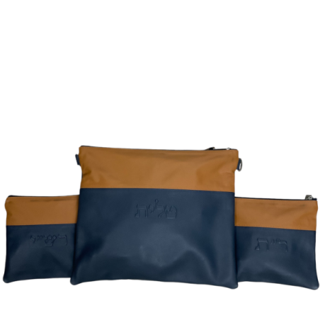 Talit and 2 tfilin bag strap leather blue and camel