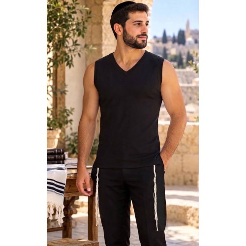 חבילת 5 ציציות סרוגות צווארון V שחורות – Talit4You